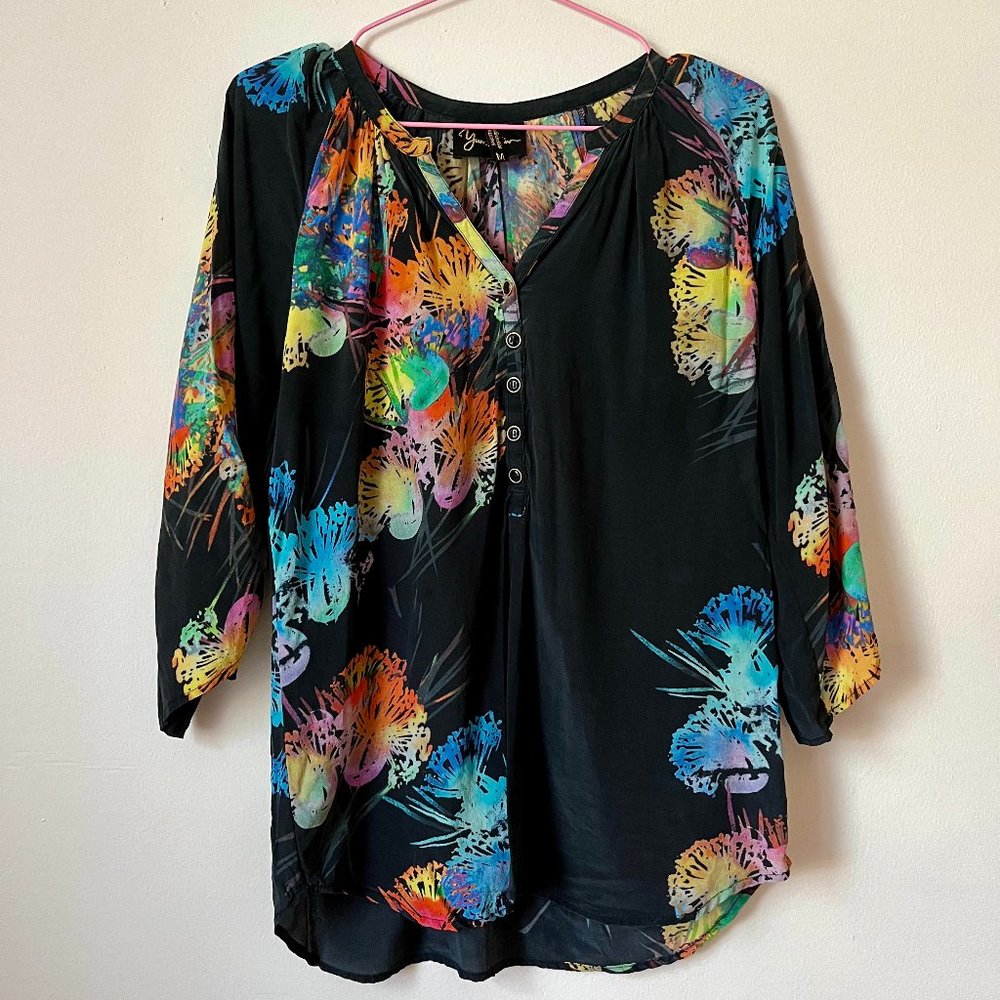 Black Colorful Floral Button Down Blouse